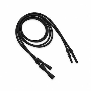 May include: A black jump rope featuring a thick, smooth cord coiled into a circular shape. The rope includes two ergonomic handles with a matte finish and metallic connectors, along with two additional handle-like attachments at the ends.