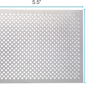 May include: A silver metal sheet with a 5.5 inch by 4.5 inch perforated pattern. The holes are evenly spaced and create a grid-like design.