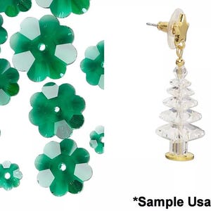 May include: A collection of green and white flower-shaped beads and a pair of gold-toned earrings. The earrings feature a star-shaped top and a clear, crystal-like Christmas tree design. The text "Sample Usage of 5 Sizes" is at the bottom.