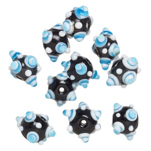 Bead, 10 Black White & Blue Lampwork Glass 12x10mm-13x11mm Bumpy Rondelle Beads with 1.5mm Hole *  Final Stock