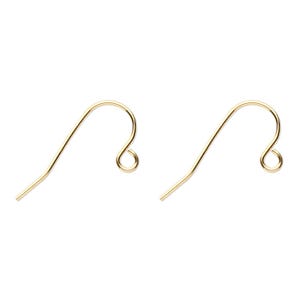 May include: A pair of gold-toned metal earring hooks, each featuring a curved wire design with a small circular loop at the end for attaching jewelry components. These findings are shaped like a shepherd's hook for insertion into the earlobe.