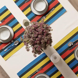 Bold Primary Stripes Placemat Set – Dark Background – Colorful Table Decor