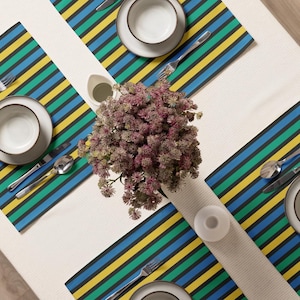 Thin Striped Placemats (Dark) – Set of 4 | Light Green, Blue & Yellow | Primary Colors Table Decor
