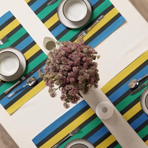 Bold Striped Placemats (Dark) – Set of 4 | Green, Blue & Yellow | Primary Colors Table Decor
