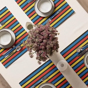 Colorful Stripe Mix Placemats – Dark Base – Primary Color Dining Set
