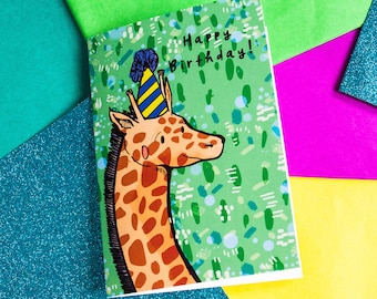 Giraffe Happy Birthday Greeting Card - Animal - Illustrated Card- Stationery - Blank Card - Cute - Celebration