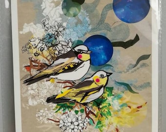 Impression d'art Petit oiseau jaune A5 - oeuvre d'art d'oiseaux - art mural - art moderne - oiseaux illustrés - cadeau pour les amateurs d'oiseaux - nature