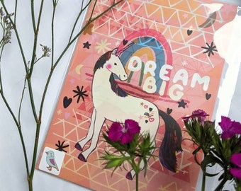 Dream Big A5 Postcard - Unicorn - Motivational - Positive Words - Small Art - Rainbow - Stationery