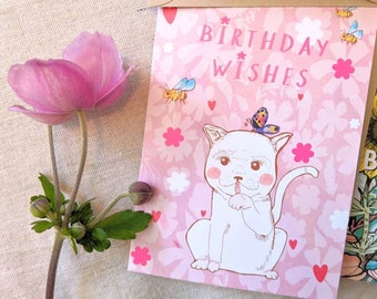 Birthday Wishes Little Cat Happy Birthday Card - Blank - Sweet - For All - Gift - Present - Art - Illustrated - Illustration - Design