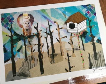 VENTE : Cabane dans les arbres Impression d'art A4 - Promo - Vente - Remise - Oeuvre d'art hibou - Impression d'oiseau hibou - Maison - Art mural - Oeuvre d'art A3