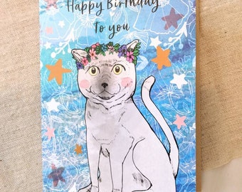 Happy Birthday to You Mario the Cat Illustrated Card - Illustration - Cats - Animals - Design - Starry Stars - Blank Card -A6 - Card for All