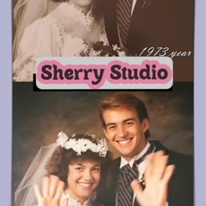 Pode incluir: Fotografia de casamento vintage com um casal sorridente, a noiva com vestido e véu brancos, o noivo de fato. A imagem inclui o texto "Sherry Studio" e "Generate Now". O ano de "1973" também é visível.