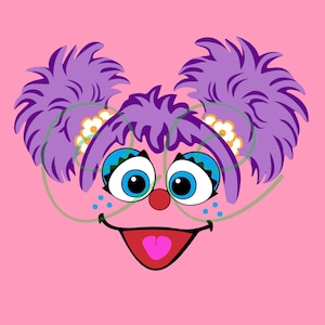 May include: A graphic illustration of a character with purple hair styled in two high pigtails, large blue eyes, a small red nose, and a wide smiling mouth. The character wears a purple headband with white flowers and light green glasses frames.