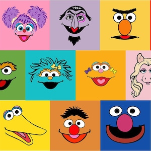 Puede incluir: Un colorido collage de caras de personajes de dibujos animados, incluyendo a Monstruo de las Galletas, Elmo y Miss Piggy, sobre fondos cuadrados vibrantes. La imagen presenta personajes de Barrio Sésamo y Los Muppets.