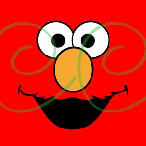 Puede incluir: Una ilustración gráfica de color rojo brillante que muestra el rostro de un personaje con dos ojos blancos grandes con pupilas negras, una nariz redonda de color naranja y una boca negra ancha. Líneas finas marrones y verdes se superponen al fondo.