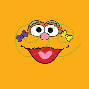 Könnte beinhalten: Eine Cartoon-Charakter-Gesichtsgrafik auf orangefarbenem Hintergrund mit großen weißen Augen mit schwarzen Pupillen, einer rosa Nase, einem breiten roten Mund mit einer rosa herzförmigen Zunge, orangefarbenem Fell, einer lila und einer gelben Schleife.