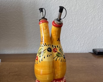 Oil & Vinegar Cruet Double Neck Bottle Spanish Ceramic Handmade Artisan