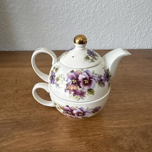 Golden Crown Pansy Tea Pot & Tea Cup For 1 Stackable Set Ceramic Made In England