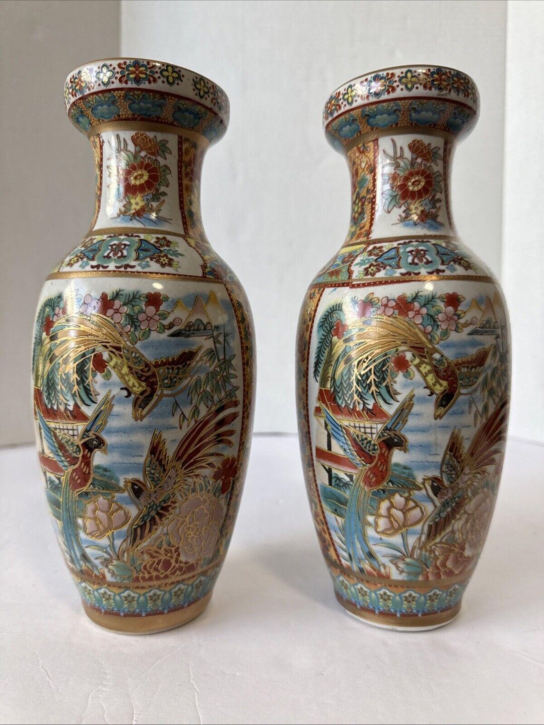 Vintage Pair Of Satsuma Vases Birds Peacocks Pea Hens Lake Chinoiserie vintage-pair-of-satsuma-vases-birds-peacocks-pea-hens-lake-chinoiserie