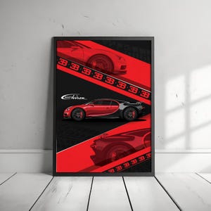 Op de afbeelding: Ingelijste kunstprint met een rode en zwarte Bugatti Chiron sportwagen. Het kunstwerk heeft een zwarte achtergrond met rode diagonale strepen en het Bugatti-logo. De auto wordt vanuit meerdere hoeken afgebeeld.