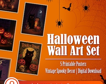 Halloween Wall Art Set – 5 Printable Posters | Vintage Spooky Decor | Digital Download
