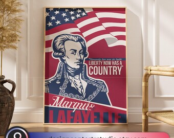 Marquis de Lafayette Vintage Poster, Revolutionary War Wall Art, American History Printable, French Hero Decor, Digital Download