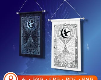 Moon Falcon Crest SVG, Medieval Fantasy Banner, Blue Castle Wall Art, Vector Digital Download