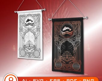 River Trout Crest SVG, Medieval Fantasy Banner, Dark Copper Wall Art (Digital Download)