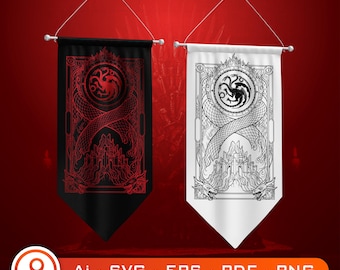 Flame Dragon Crest SVG, Medieval Fantasy Banner, Dark Dragon Wall Art, Vector Digital Download