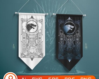 Northern Wolf Crest SVG, Medieval Fantasy Banner, Dark Winter Wall Art, Vector Digital Download