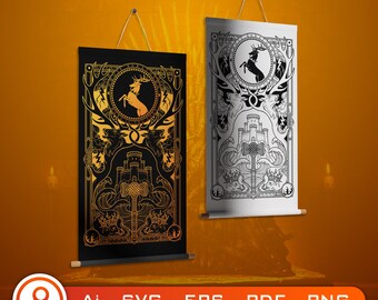 Storm Stag Crest SVG, Medieval Fantasy Banner, Gold Castle Wall Art, Vector Digital Download