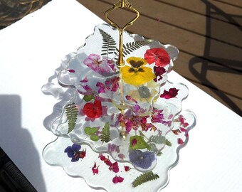 Handmade 3-Tier Resin Tray with Real Pressed Flowers, Resin Serving Tray for Tea Parties & Events. Gorgeous addition to any display.