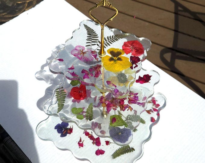 Featured listing image: Handmade 3-Tier Resin Tray with Real Pressed Flowers, Resin Serving Tray for Tea Parties & Events. Gorgeous addition to any display.