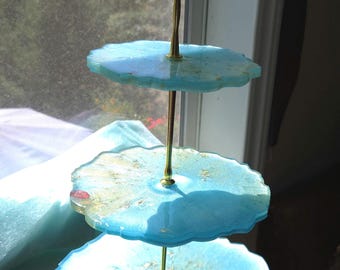 Handmade 3-Tier Resin Serving Tray – Ocean Blue with Gold Leaf & Flower Petals – Coastal Decor, Dessert Stand, Jewelry Display