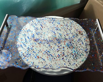 Red, white blue Resin Serving Tray with Handles – Handcrafted Glitter Tray for Home Décor, Vanity, Coffee Table, or Gift