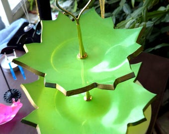 Handmade Green Resin Tiered Tray – Leaf-Shaped Dessert Stand, Jewelry Display, Tea Party Decor, Gold Trim Serving Tray, Gift for anyone.