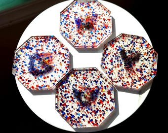 Patriotic Eagle Resin Coasters – Red White Blue Glitter Octagon Drink Coasters – Handmade Americana Decor, Fourth of July Gift