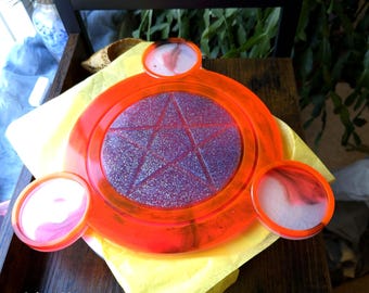 Gothic Decor Red Pentacle Resin Altar Tray with Glitter & Side Bowls/candle holder– Witchy Decor for Ritual, Offerings, or Display.