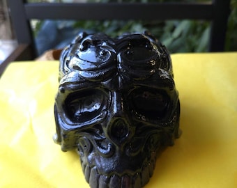 Black Resin Sugar Skull – Gothic Decorative Skull with Ornate Carvings | Halloween, Altar, or Curio Display