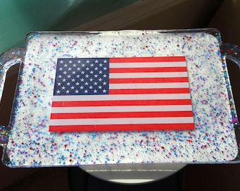 Red, white blue Resin Serving Tray with Handles – Handcrafted Glitter Tray for Home Décor, Vanity, Coffee Table, or Gift