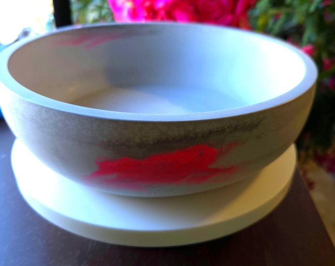 Featured listing image: Handmade Modern Concrete like Bowl with Red Accent – Minimalist Decorative Bowl for Home & Office. Great as a Succulent dish or catch all.