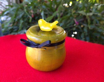 Handmade Yellow Resin Jar with Bird Lid – Decorative Container with Ribbon – Cute Bird Trinket Box – Small Gift for Bird Lovers