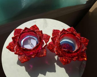 Lotus Flower Epoxy Resin Candle Holder – Handmade red white blue Tea Light Holder –patriotic, Accent – Unique Gift