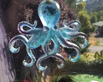Handmade Blue Octopus Sun Catcher wall hang | Sparkly Ocean Sea Creature Window Art | Resin Octopus Gift | Nautical Home Decor | Beach Vibes