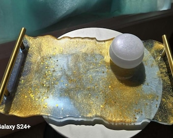 Gold and Blue Resin Serving Tray with Handles – Handcrafted Glitter Tray for Home Décor, Vanity, Coffee Table, or Gift