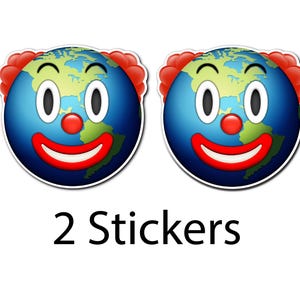 May include: Two stickers featuring a clown-like Earth emoji with red hair, a red nose, and a red smile. The text "2 Stickers" is below the emojis.