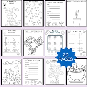 May include: A spring activity bundle with 20 pages of printable games and puzzles. Includes mazes, word scrambles, tic-tac-toe, and a flower design activity. The text "Spring Activity Bundle" and "Instant Downloads" are visible.