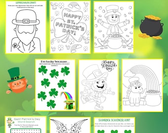 Actividades para el día de San Patricio, imprimibles para el día de San Patricio, paquete para el día de San Patricio, páginas para colorear para el día de San Patricio, duende imprimible