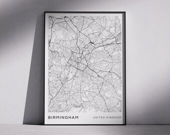 Birmingham City Map Print: Monochrome Modern Minimalist Wall Art (Digital Download)