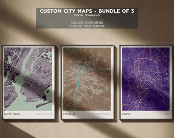 Custom City Map Set Of 3: Personalized Modern Printable Wall Art (Digital Download)